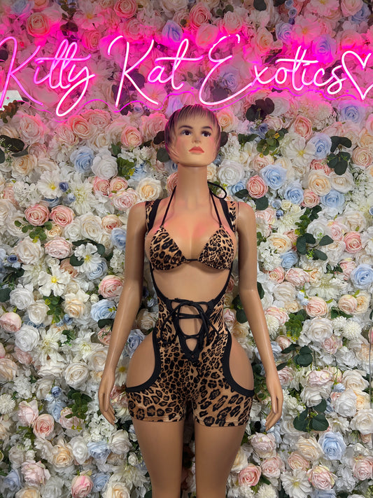 Leopard print open-back bodysuit with lace-up front, high-cut one-piece dancewear