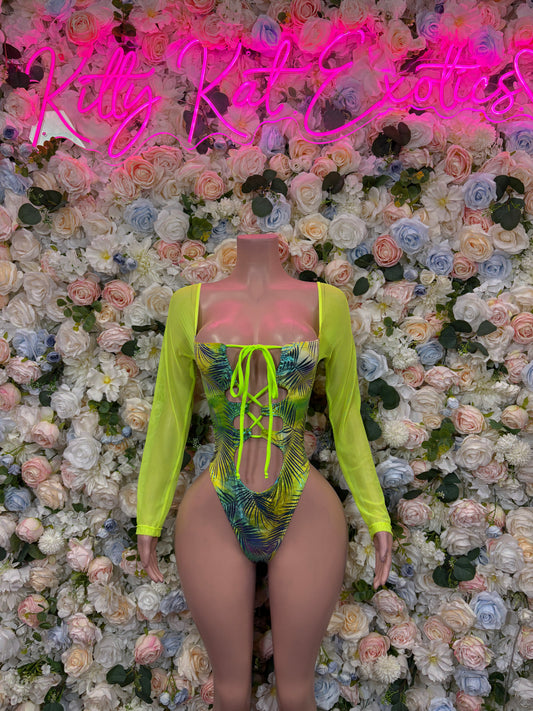 Neon green long-sleeve bodysuit with tropical print and front lace-up detail