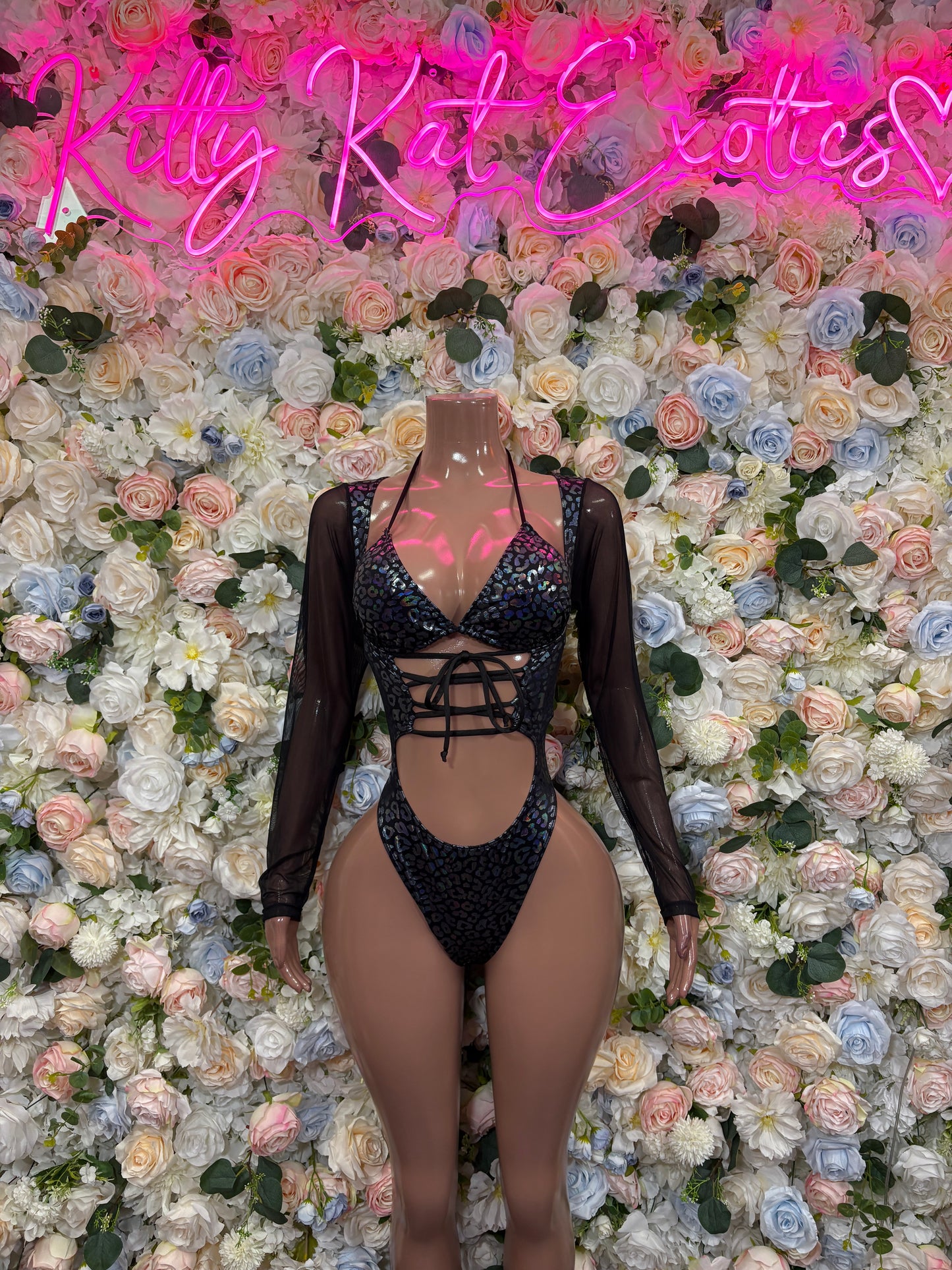 Bottlegirl Black Cheetah Hologram Bodysuit - Women’s Exotic Dancewear, Bartender Costume & Rave Clubwear