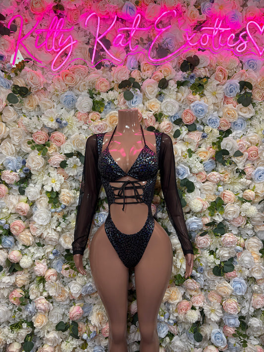 Bottlegirl Black Cheetah Hologram Bodysuit - Women’s Exotic Dancewear, Bartender Costume & Rave Clubwear