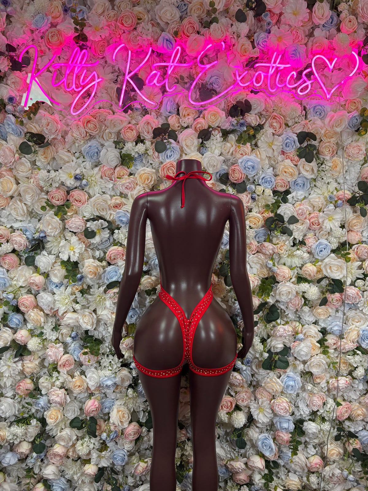 Red Rhinestone Deep V Plunging Thong Bodysuit | Sexy Cutout Festival Rave Clubwear