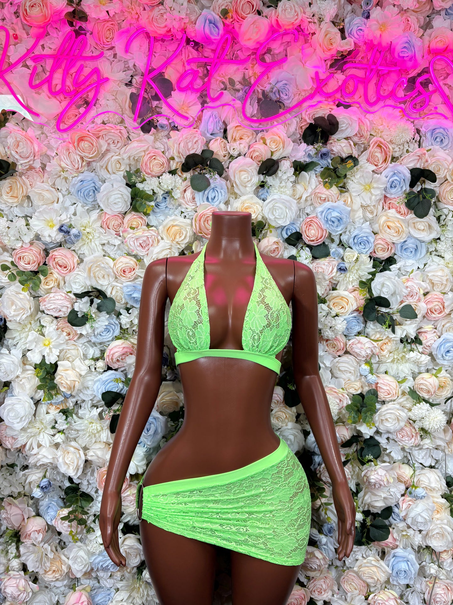 Neon Green Mesh Skirt  - Two Piece Exotic Dancewear Rave Festival Outfit