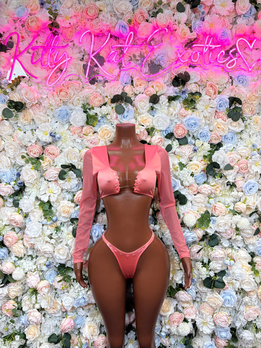 Pink long-sleeve two-piece dance outfit: scoop bra top and thong bottoms