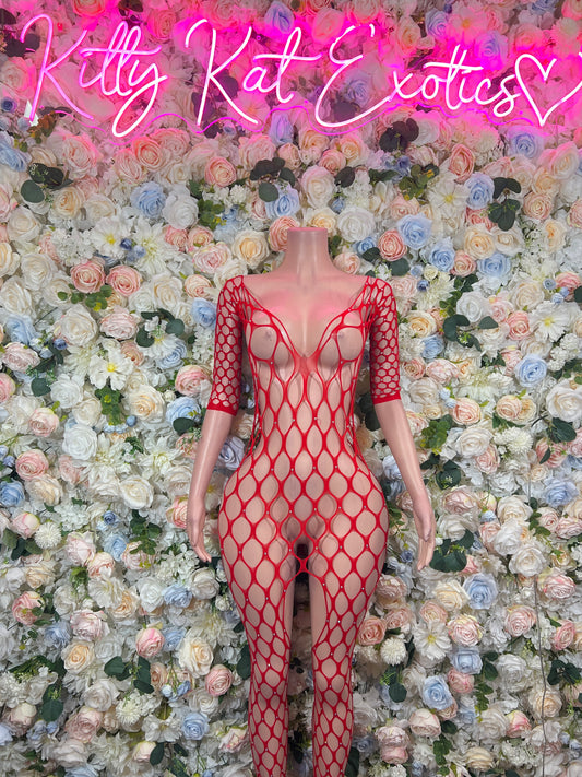 Red fishnet bodysuit with long sleeves and crisscross open-back straps