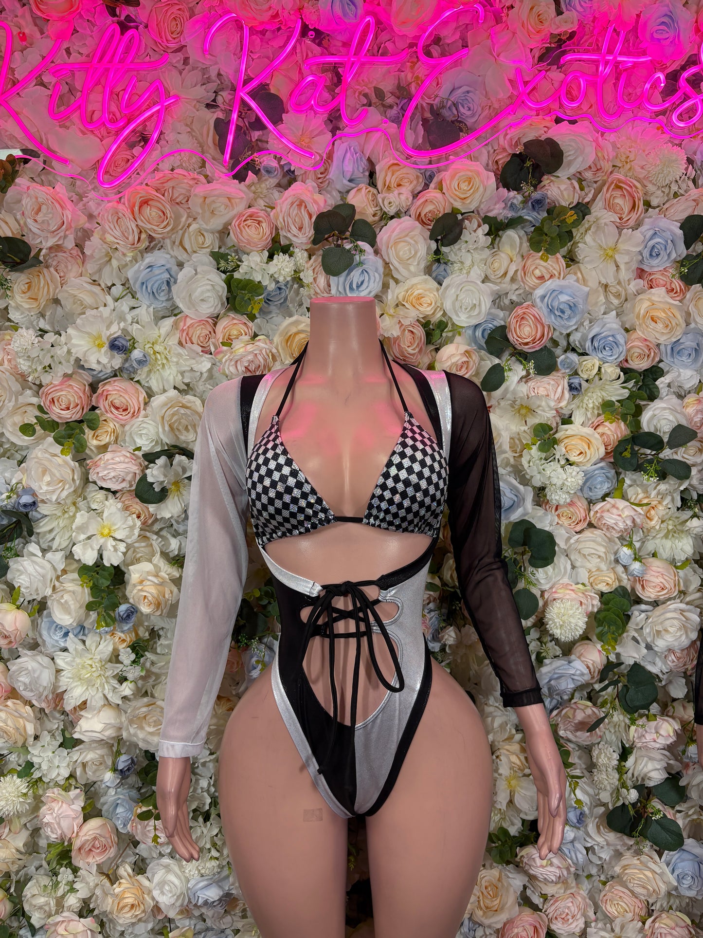 Black Silver Checkered Bodysuit, Goth Rave Romper, Lace-Up Cutout Clubwear