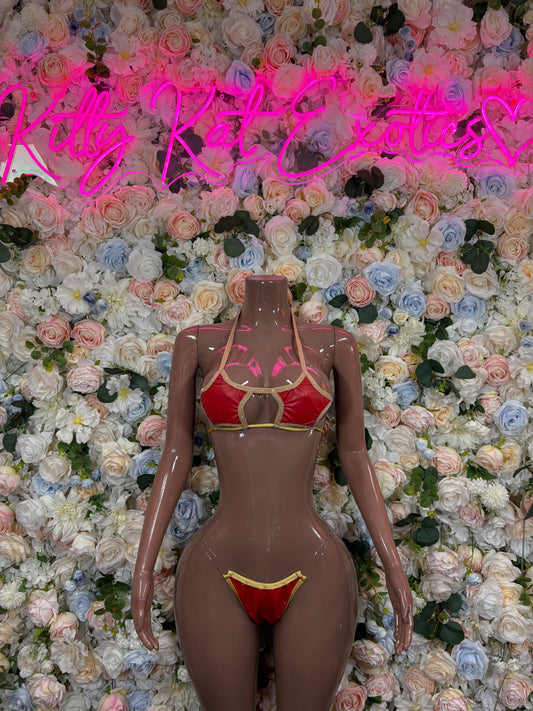 Red high-cut bikini with gold-trim straps and triangle cups