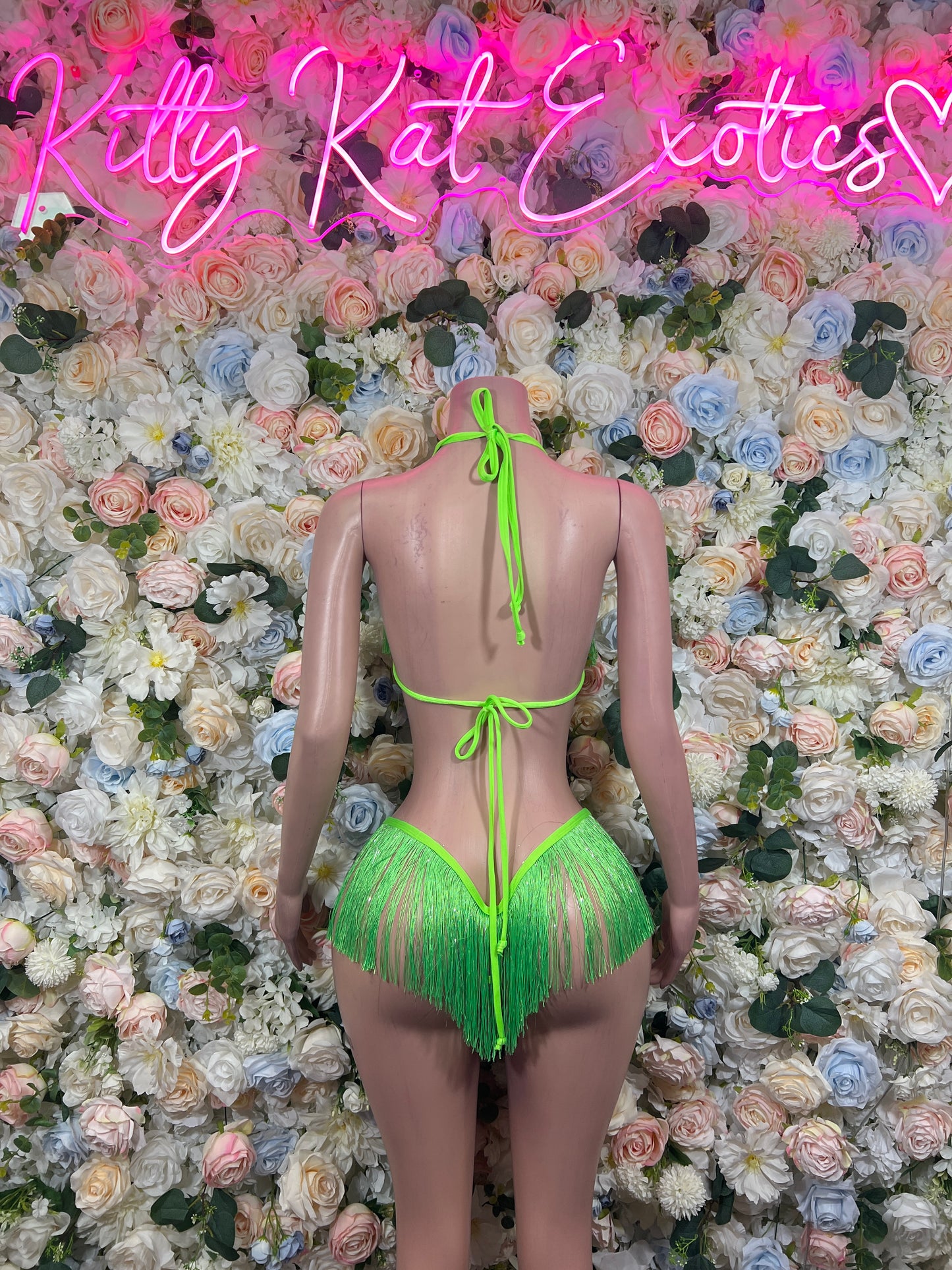 Neon Green Rainbow Leopard Print Fringe Two Piece Set | Rave Festival Exotic Dancewear