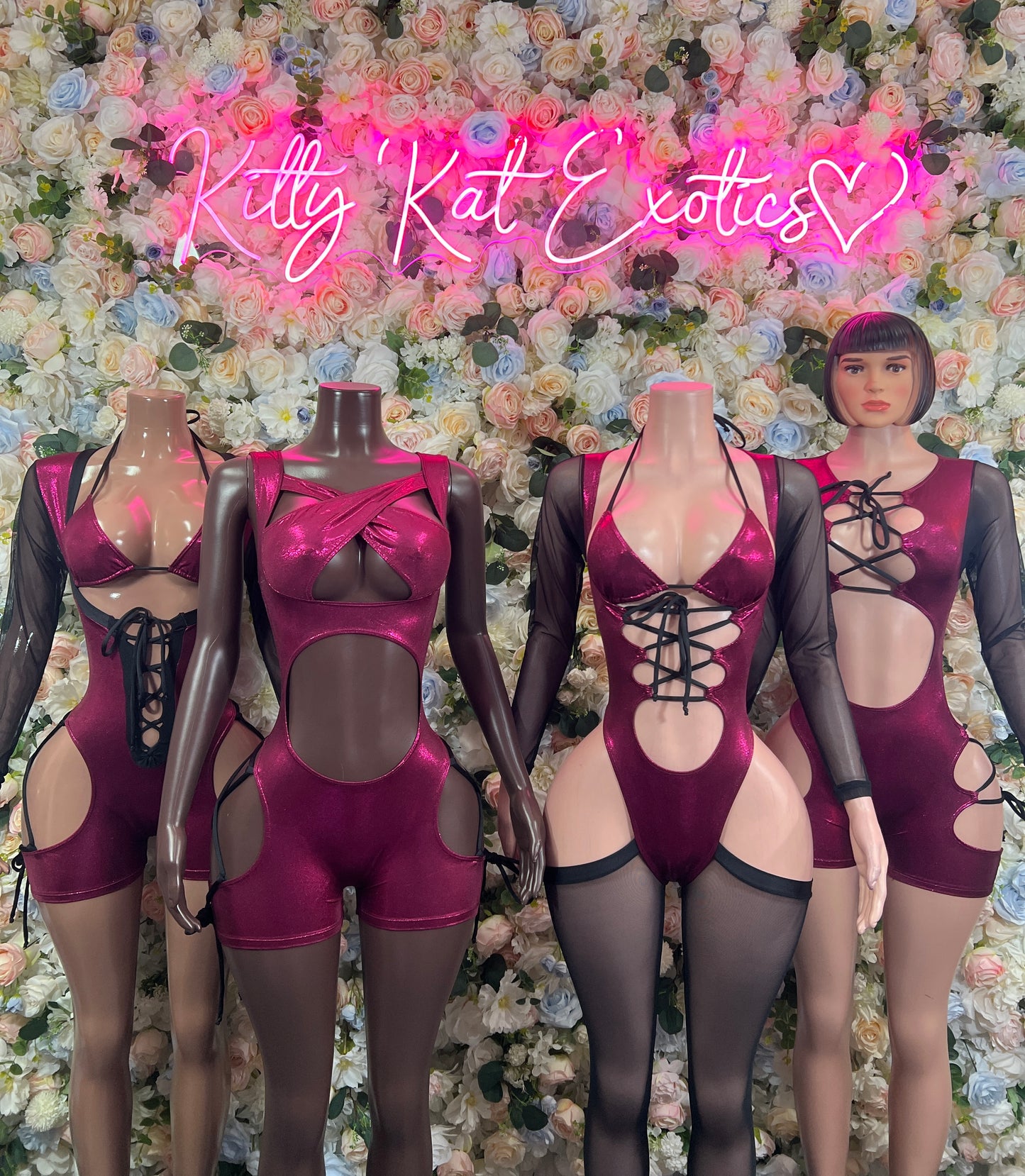 Burgundy lace-up mesh dance bodysuits on mannequins, shown from front and side