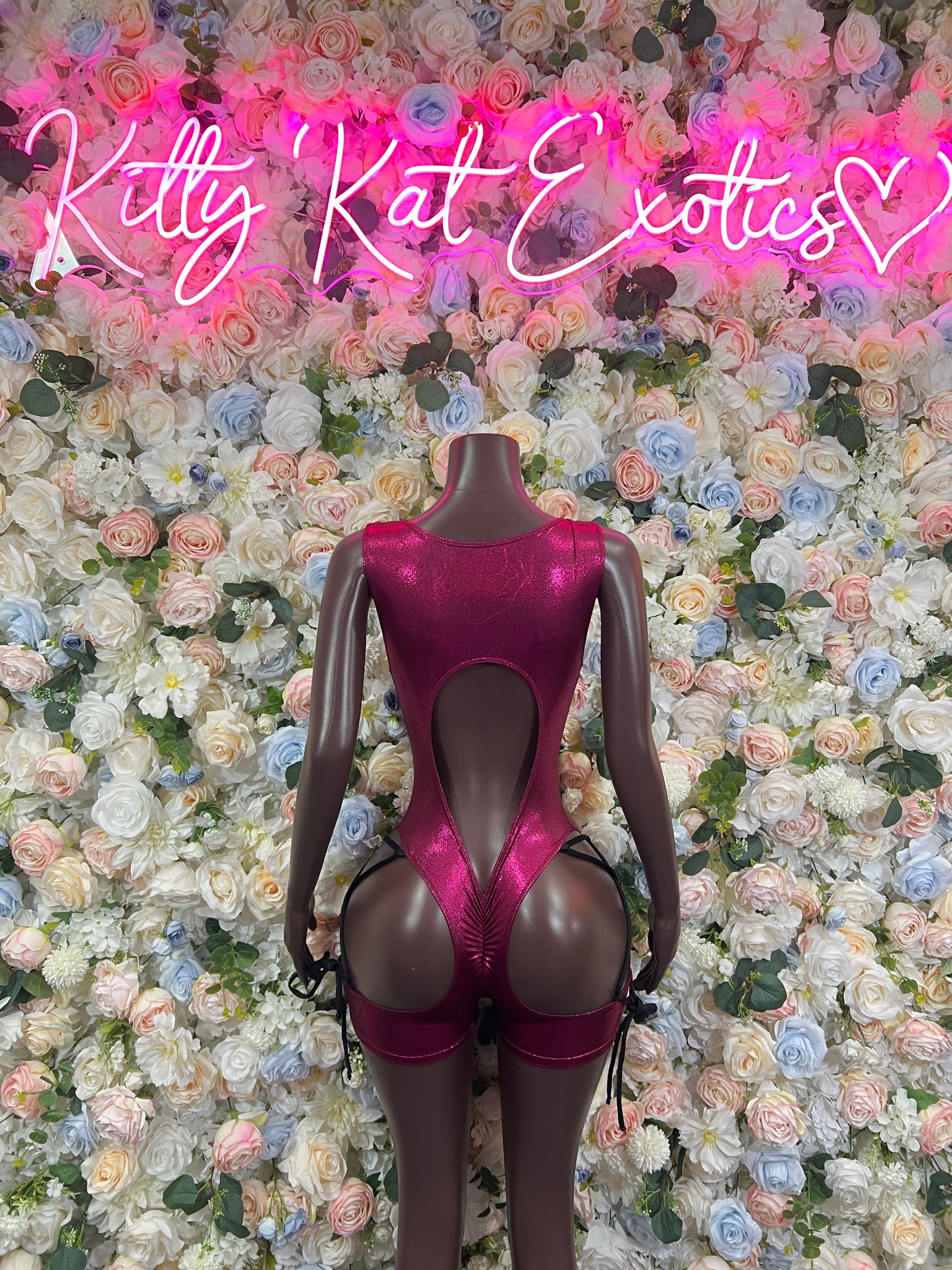 Burgundy lace-up dance bodysuit with sheer sleeves and open back cutout