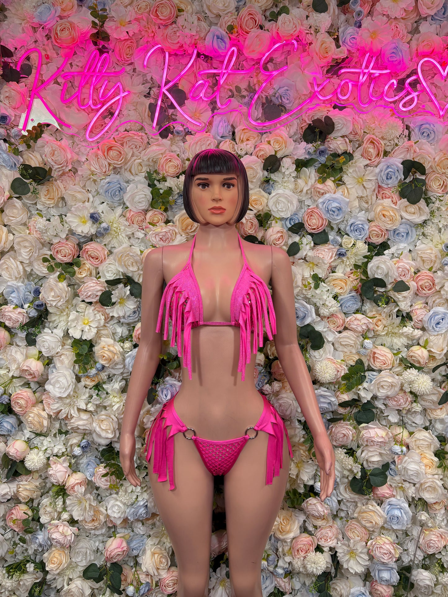Pink Two Piece Fringe Set Exotic Dancewear Rave Festival Outfit