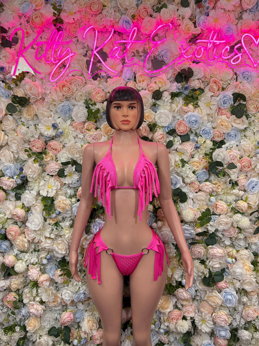 Pink fringe two-piece dance set with bra top and bikini bottoms