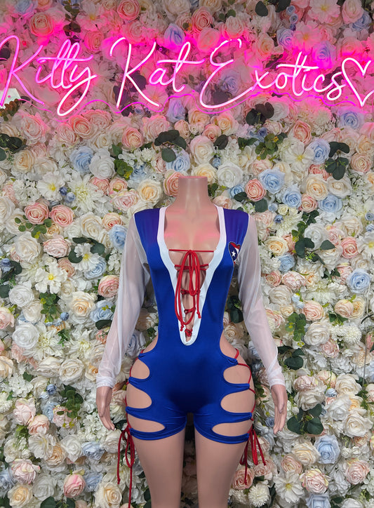 Blue cutout bodysuit with red lace-up front, ribbon ties, and white sleeves