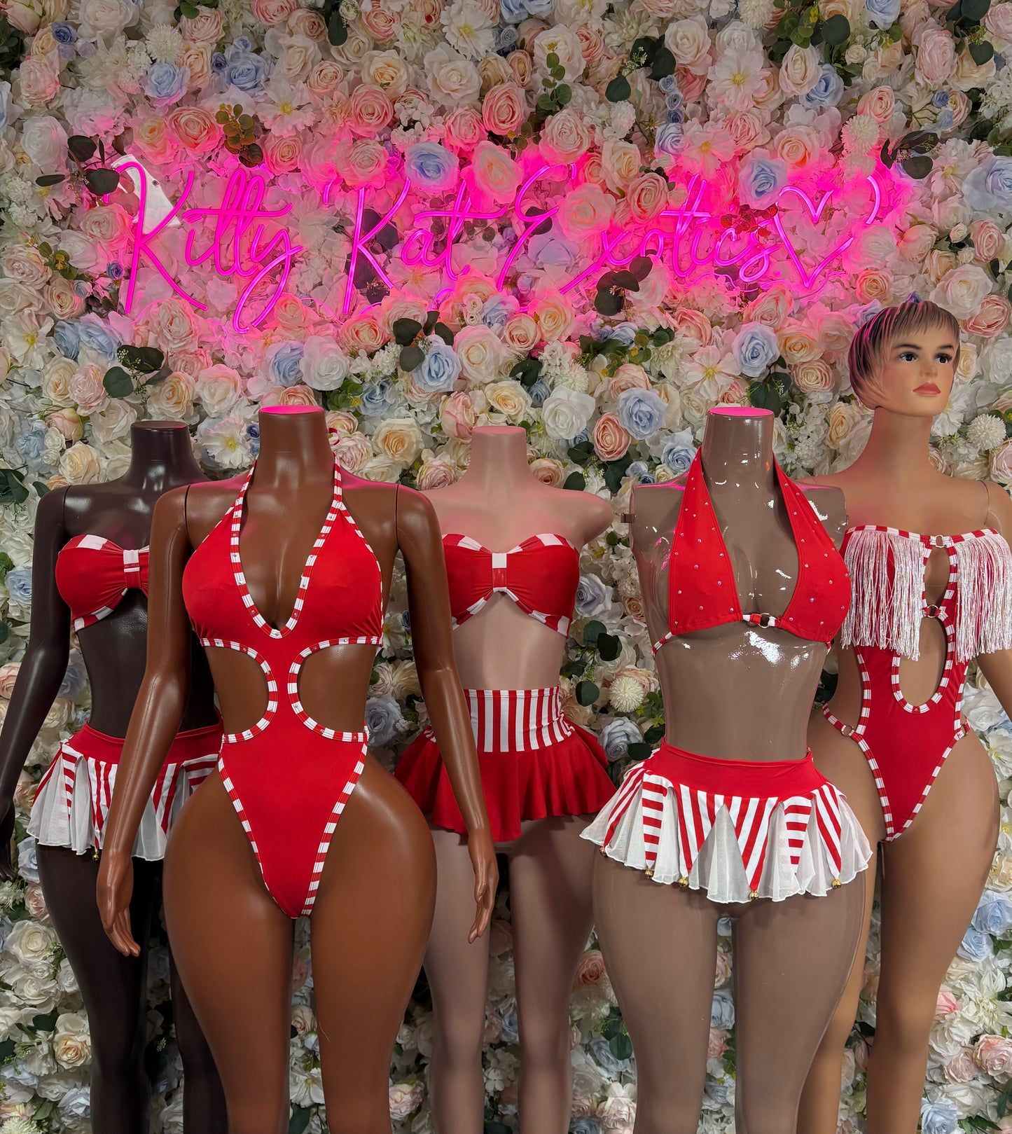 Red-and-white check bodysuit with matching striped ruffle skirt on mannequin