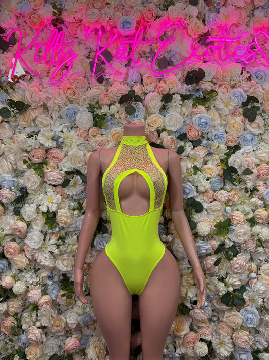 Neon green one-piece bodysuit with halter neck and front cutout