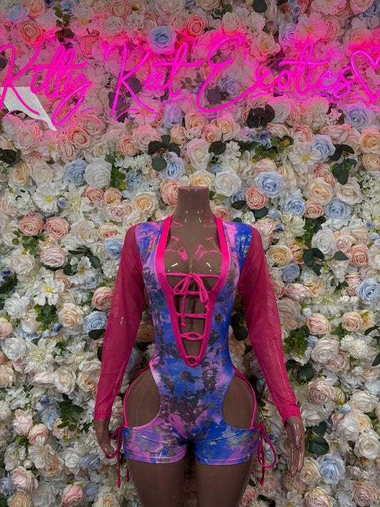 Pink and blue metallic bodysuit with long sleeves, front lace-up straps and cutout