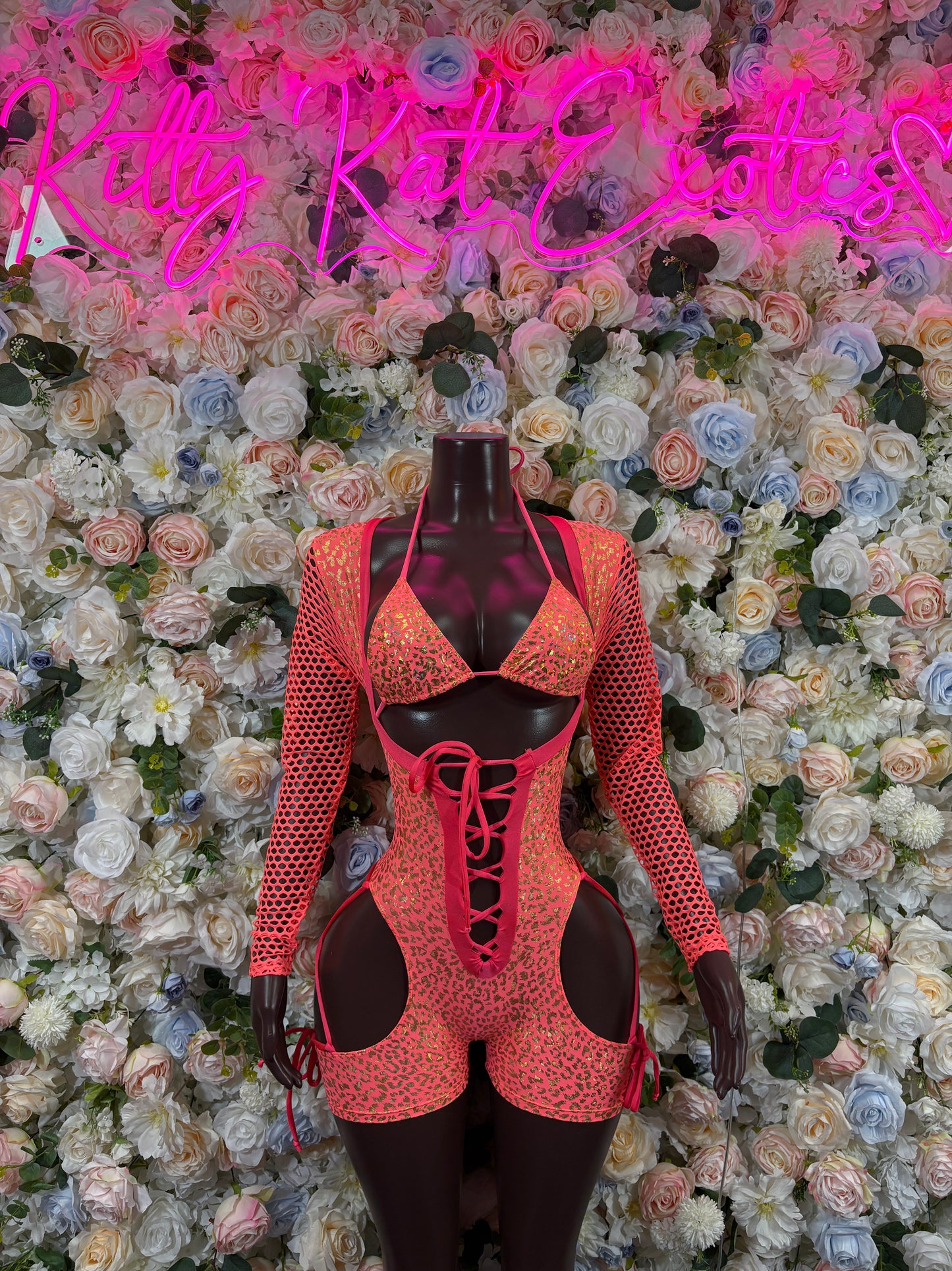 Bottlegirl Bodysuit One-Piece Coral Cheetah Print Bodysuit - Hologram Design | Exotic Dancewear for Performers, Raves