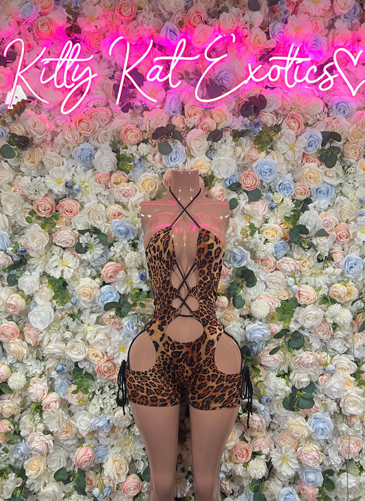 Leopard print lace-up cutout bodysuit with open sides