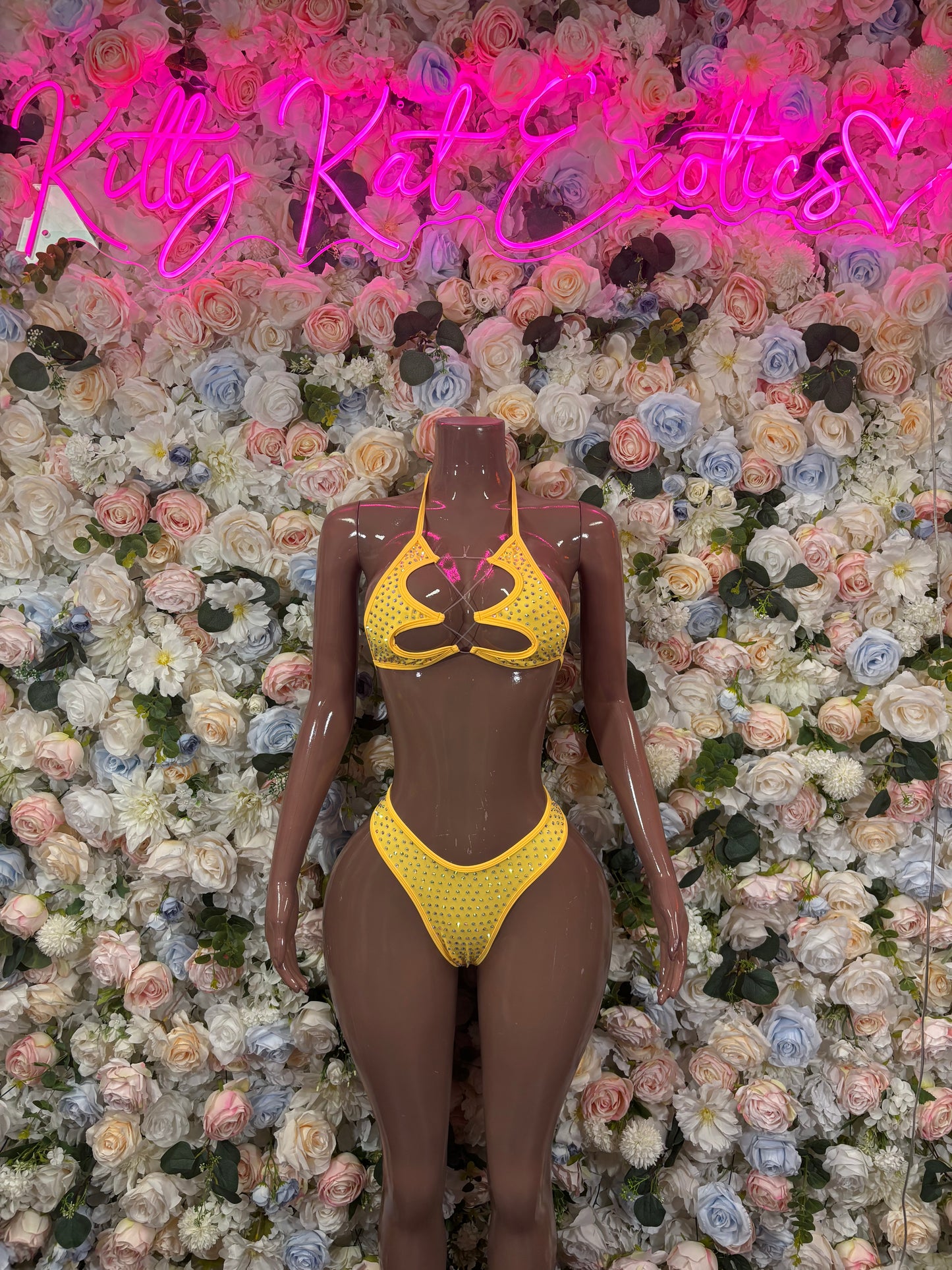 Yellow Rhinestone Bikini Set - Sparkly Crystal Two Piece Festival Rave Dancewear Costume Exotic Outfit