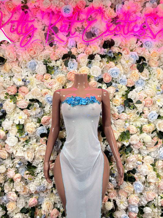 Light blue mesh gown with sweetheart neckline and side cutout waist detail