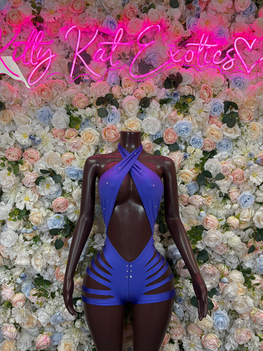 Purple-blue one-piece bodysuit with halter tie and cutout back