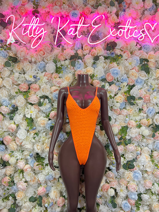 Orange Rhinestone Bodysuit One-Piece Exotic Dancewear