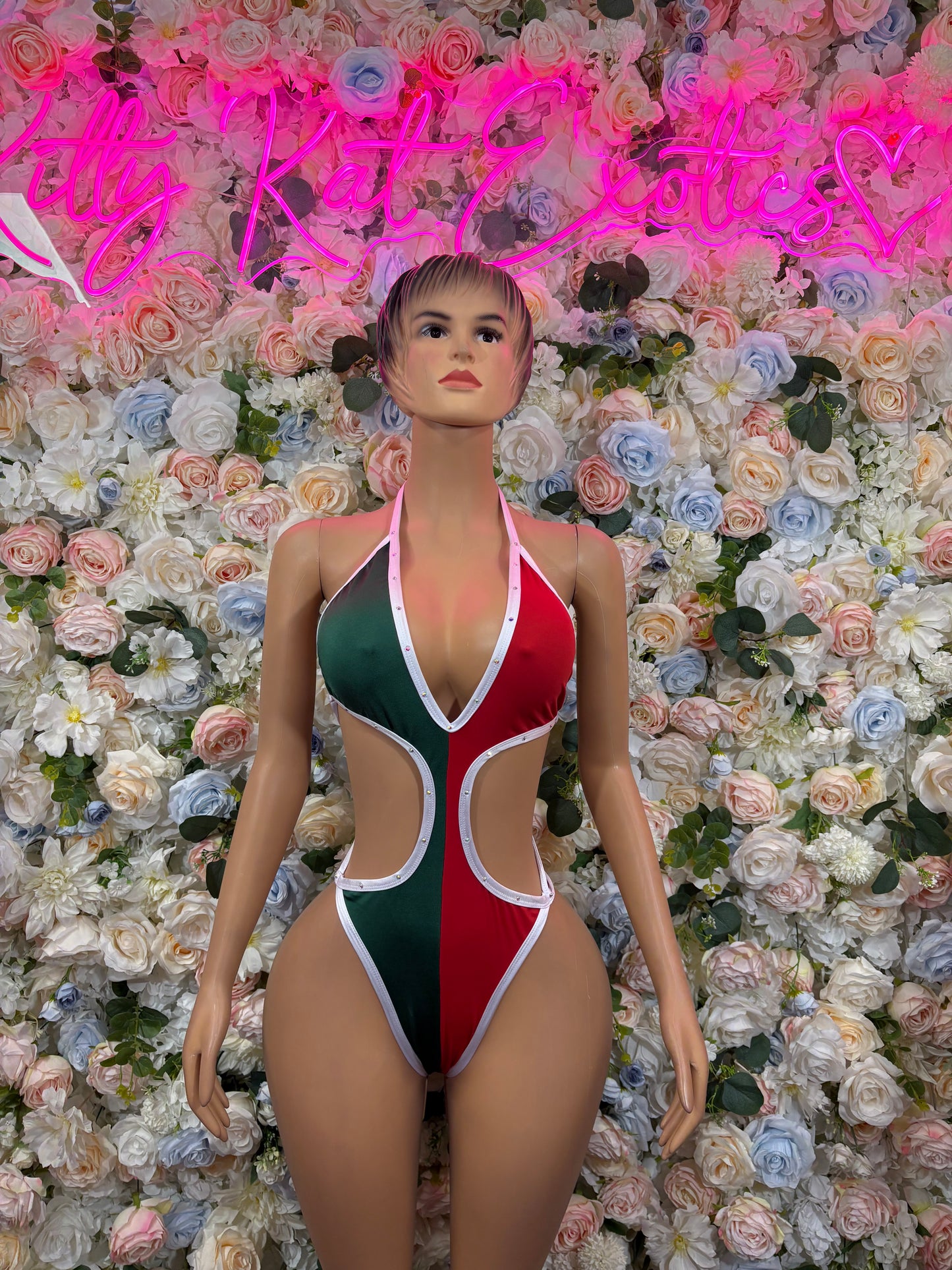 Women’s Mexican-flag bodysuit, red green white one-piece with halter straps and cutout