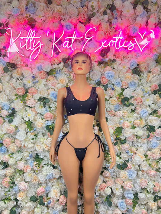 Black Rhinestone Rave Outfit: Two Piece Bodysuit