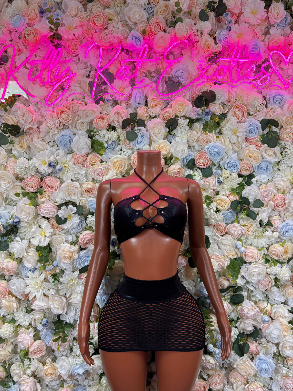 Black Criss Cross Halter Crop Top Fishnet Mini Skirt Rave Outfit | Sexy Two Piece Festival Set | PlurRavewear