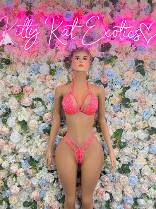 Coral Rhinestone Bikini Set Festival Ravewear