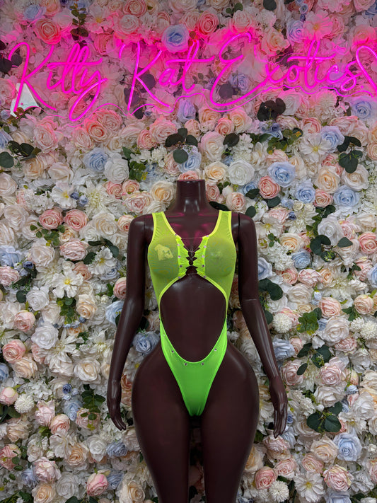 Neon green one-piece dance bodysuit with deep V front and high-cut sides