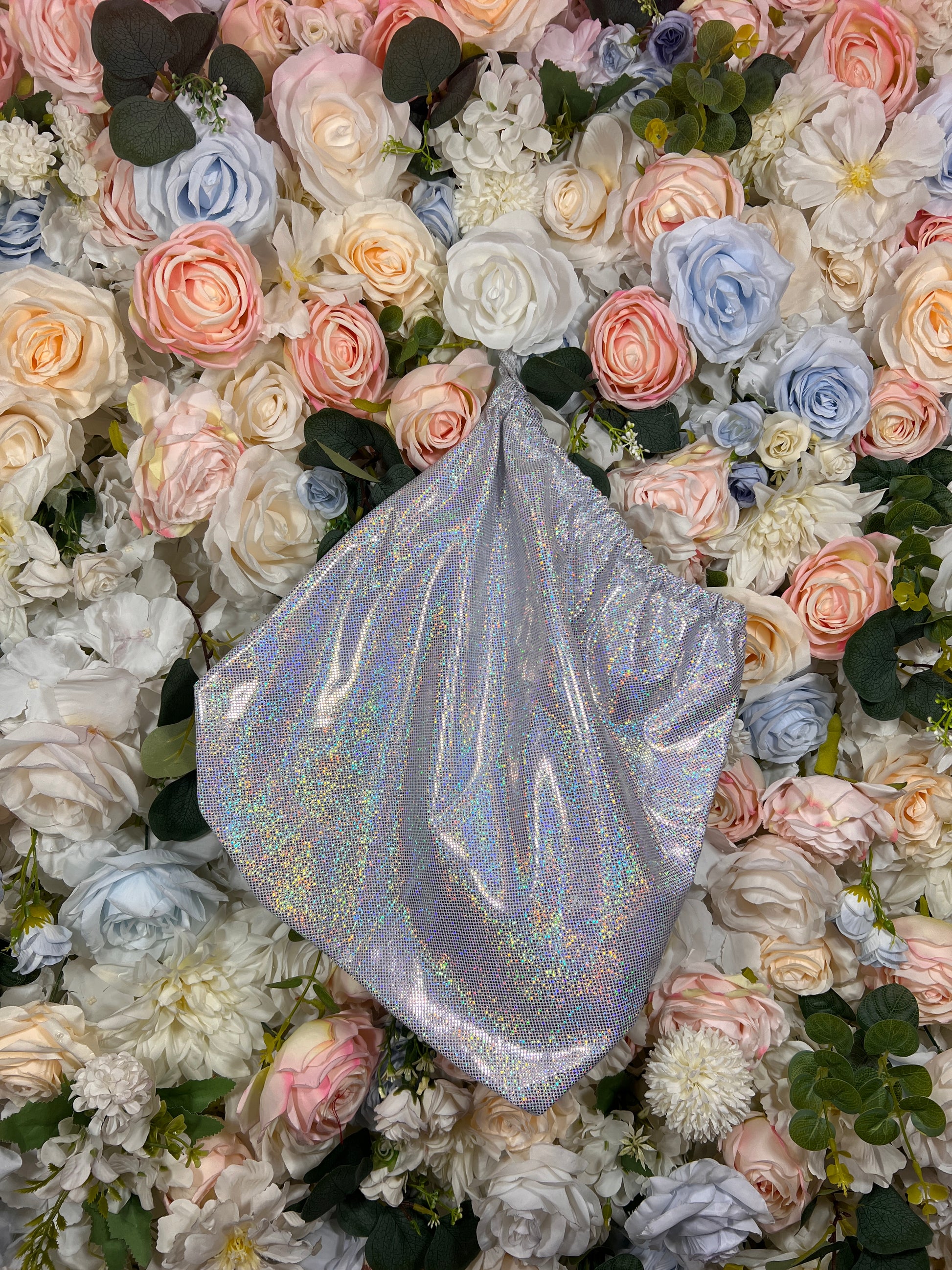 Silver metallic money bag with draped pouch shape, rounded opening, iridescent finish