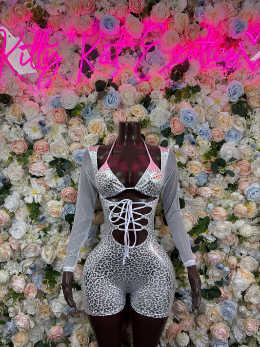 Bottlegirl Bodysuit Silver Cheetah One Piece - Hologram Design | Exotic Dancewear for Performers, Raves