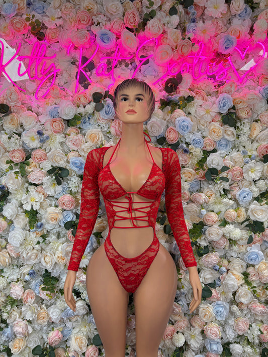 Bottlegirl Outfit Red Lace Bodysuit - One Piece Festival Outfit, EDM Dancewear, Party Clubwear