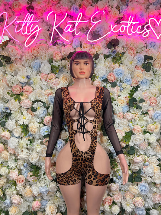 Leopard print bodysuit with lace-up front and black sheer sleeves