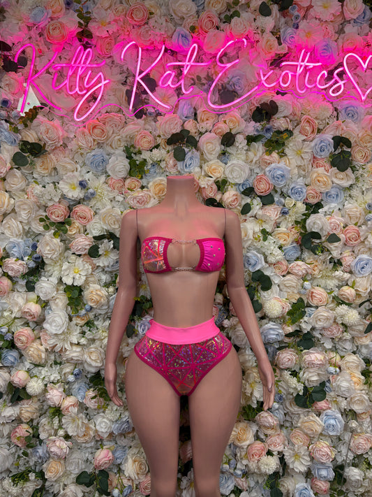 Pink two-piece rave set: halter top and sparkly high-rise bottoms