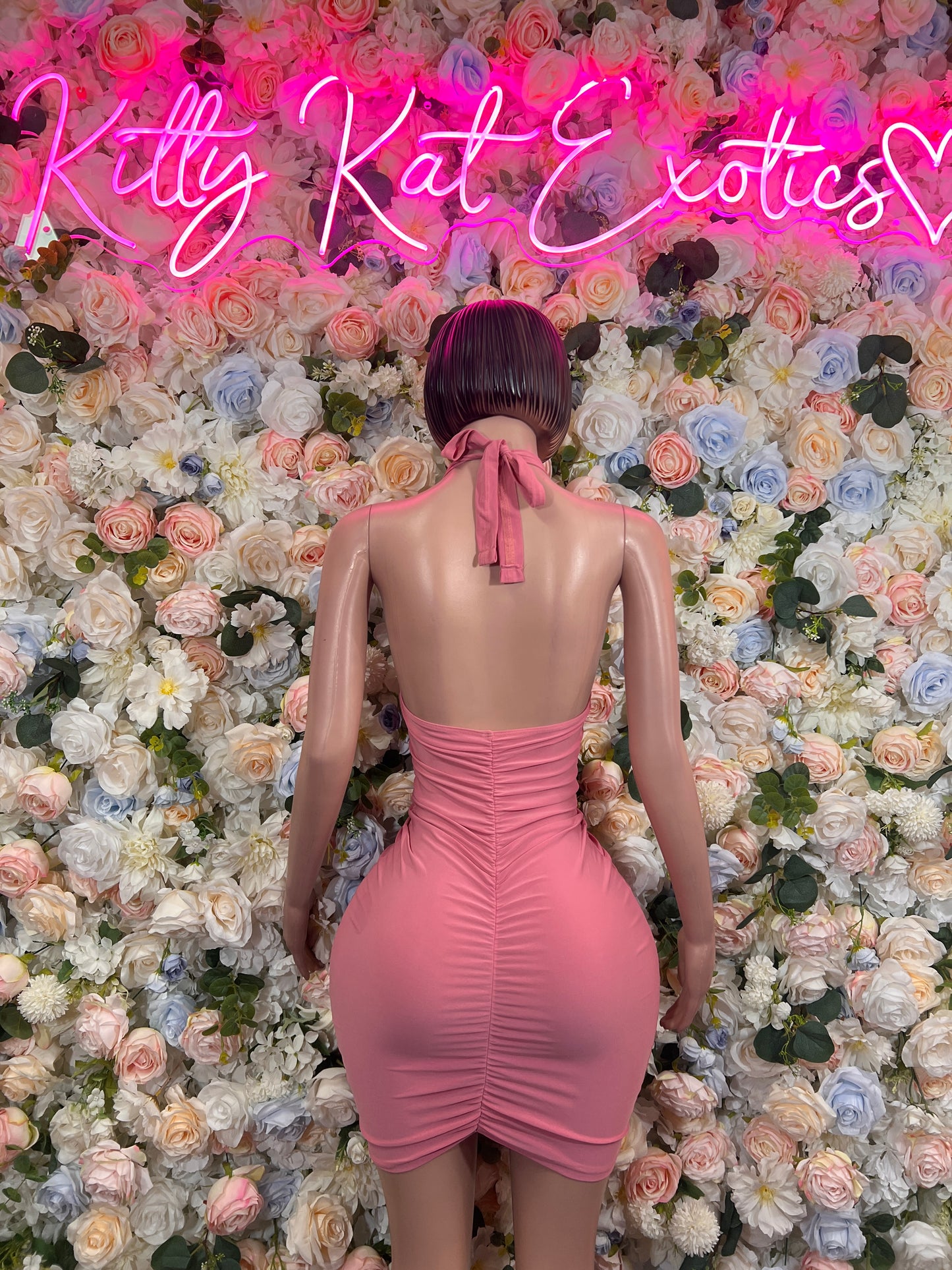 Pink Ruched Halter Mini Dress Deep V Rhinestone Bodycon Clubwear Exotic Dance Dress