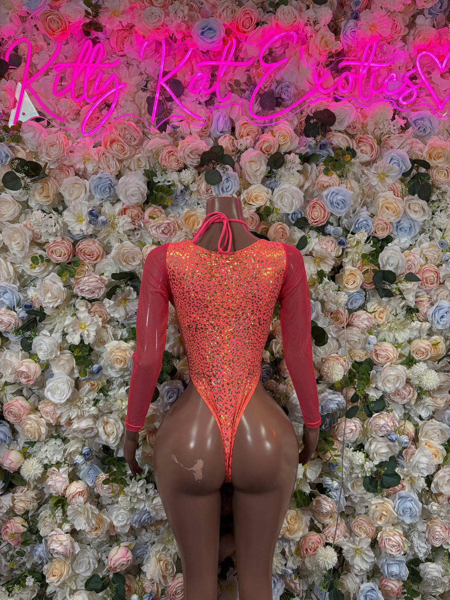 Bottlegirl Bodysuit One-Piece Coral Cheetah Print Bodysuit - Hologram Design | Exotic Dancewear for Performers, Raves