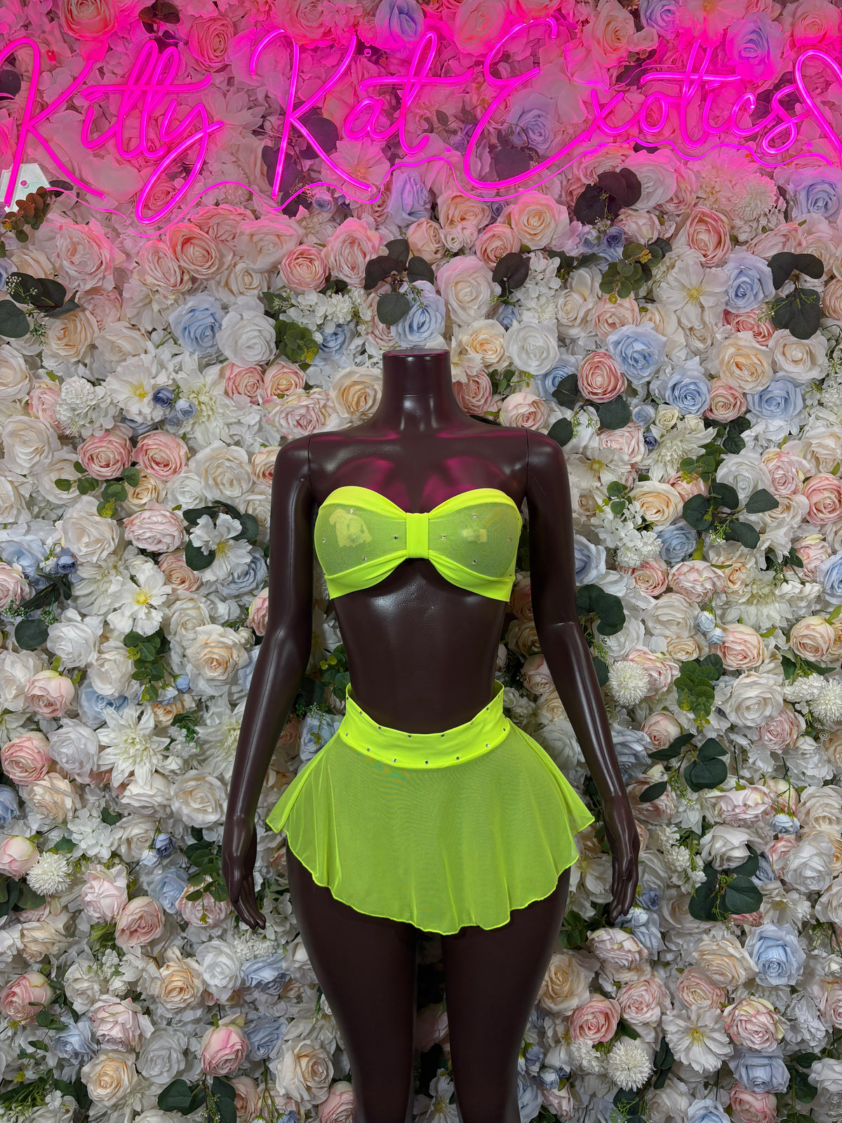Yellow Mesh Two Piece Skirt Neon Festival Outfit,  Dancewear, Party Clubwear