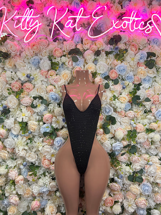 Dark rhinestone V-neck bodysuit with open back and small sparkle texture