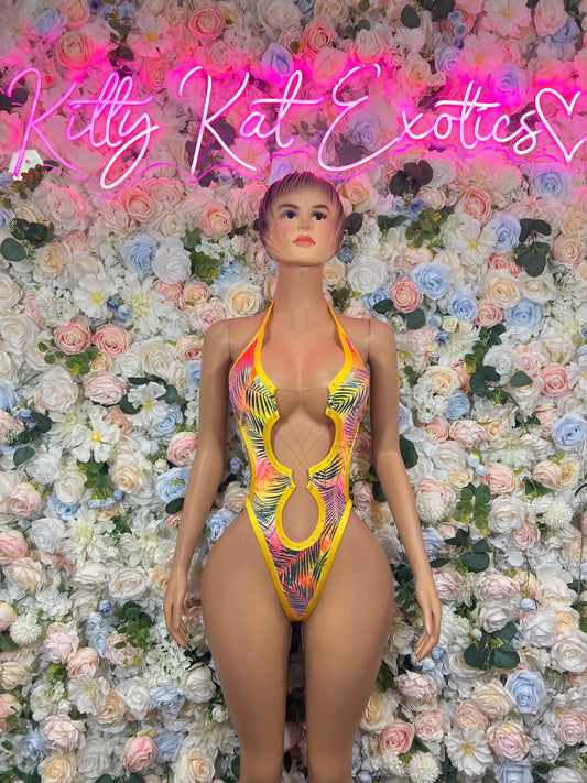 Tropical print one-piece bodysuit with plunging neckline and gold fringe in yellow/orange