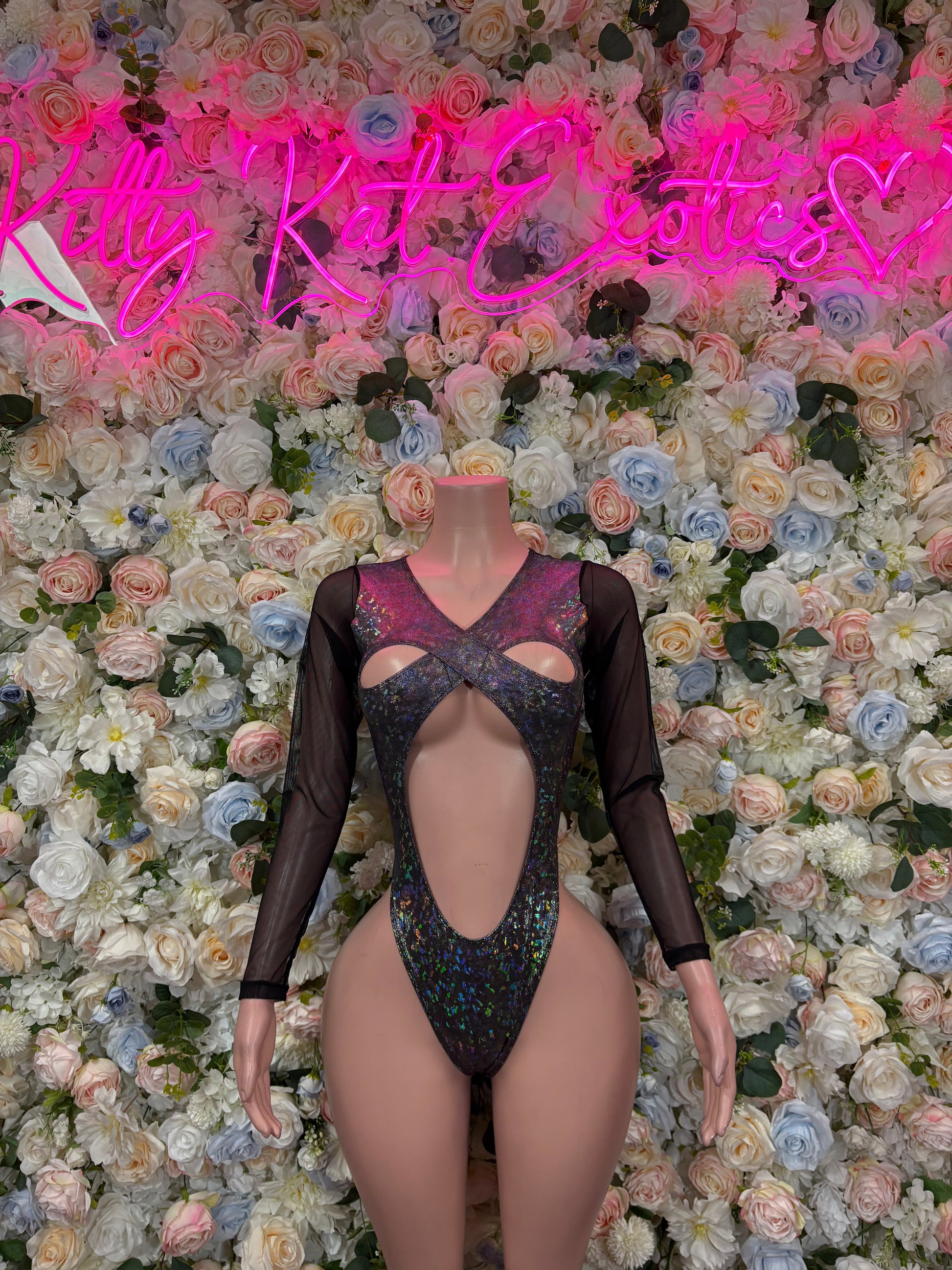 Black metallic bodysuit with long sleeves and cutout front