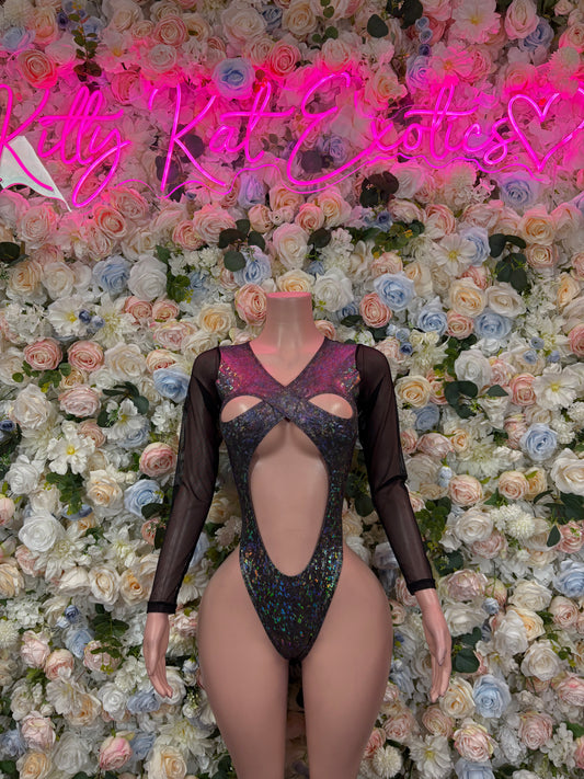 Black metallic bodysuit with long sleeves and cutout front