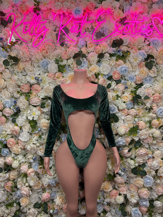 Green velvet bodysuit with long sleeves and waist cutout