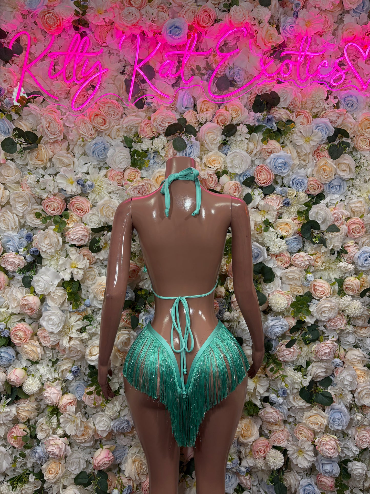 Teal One-Piece Fringe Bartender Outfit– Exotic Dance & Rave Wear Festival Bodysuit