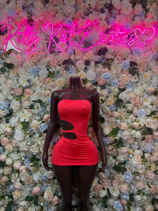 Red mini bodycon dress with strapless neckline and side cutout detail