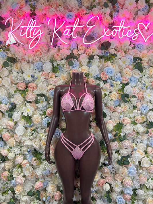 Exotic Dancewear Pink Rhinestone Bikini Set Festival Costume Ravewear