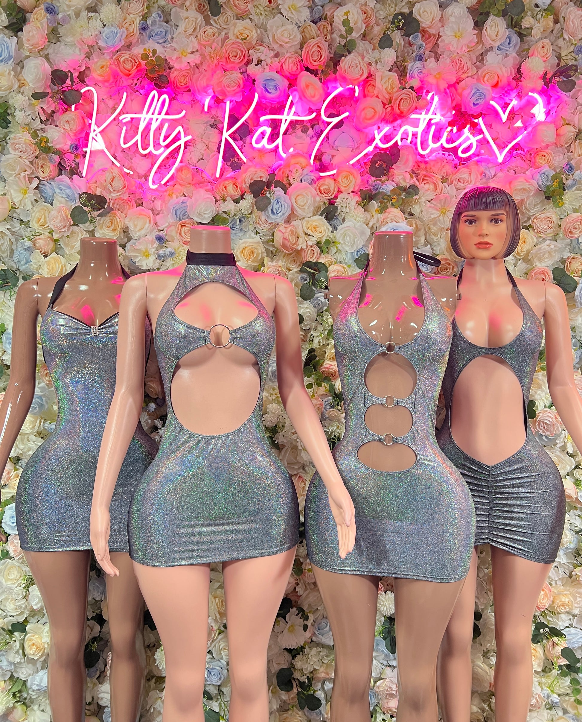 Silver metallic cutout mini dress with halter neckline on multiple models