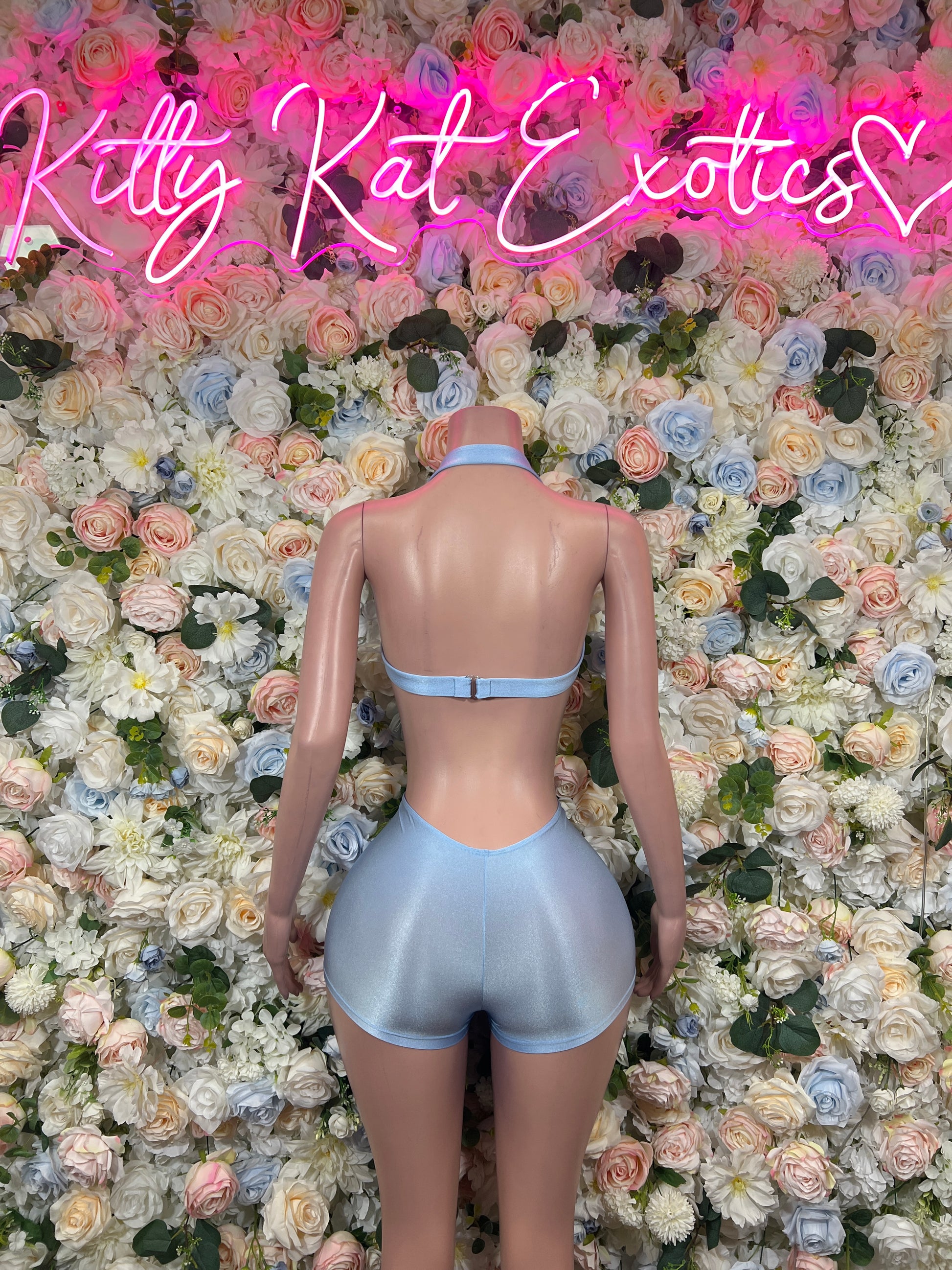 Sky blue monokini with wide back straps and keyhole cut-out