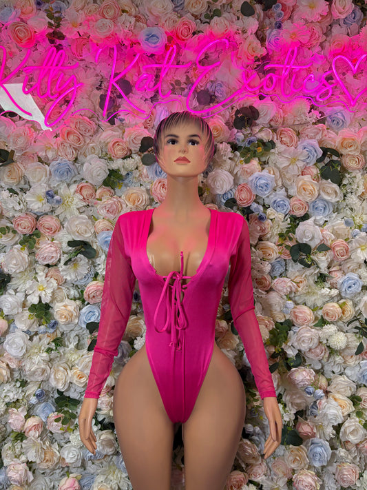 Hot pink long-sleeve bodysuit with plunging neckline and lace-up front, fitted stretch fabric