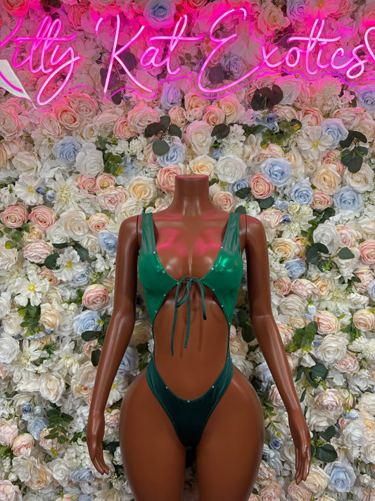 Green metallic bodysuit on mannequin, low scoop back and lace-up front